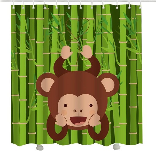 Brown Monkey Hanging Ape Bamboo Green Tree Cute Monkey Shower Curtain for Bathroom Decor