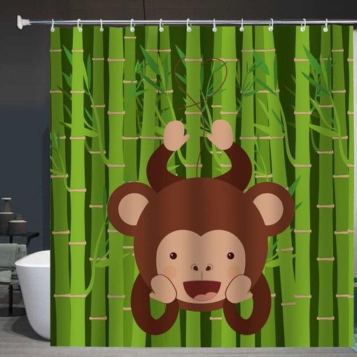Brown Monkey Hanging Ape Bamboo Green Tree Cute Monkey Shower Curtain for Bathroom Decor - Image 3