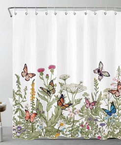 Butterfly and Weeds Plants Shower Curtain with Green Leaf for Bathroom Decor