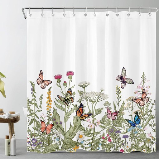 Butterfly and Weeds Plants Shower Curtain with Green Leaf for Bathroom Decor