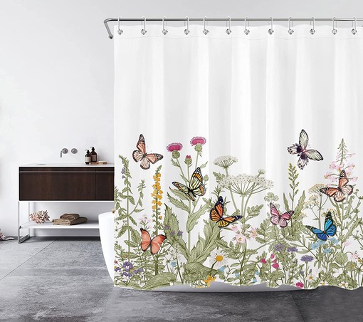 Butterfly and Weeds Plants Shower Curtain with Green Leaf for Bathroom Decor - Image 2