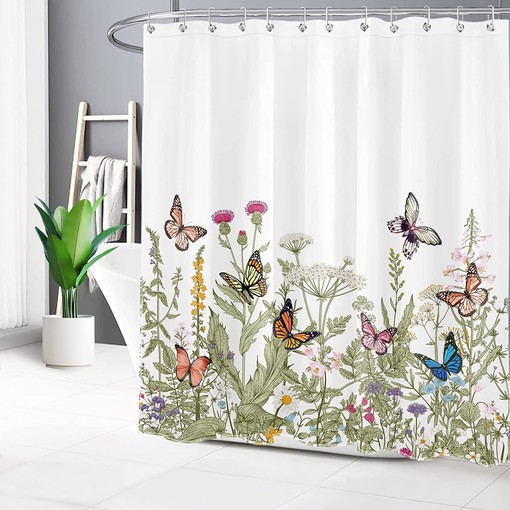 Butterfly and Weeds Plants Shower Curtain with Green Leaf for Bathroom Decor - Image 3
