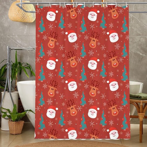Cartoon Santa Tree and Snowflakes Merry Christmas Shower CurtainFestive Bathroom Decor