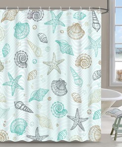 Coastal Nautical Shower Curtain with Seashell and Starfish, Marine Decor for Beach Themed Bathroom, Blue