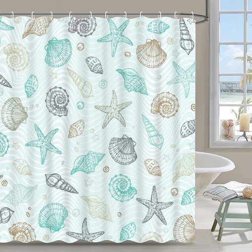 Coastal Nautical Shower Curtain with Seashell and Starfish, Marine Decor for Beach Themed Bathroom, Blue