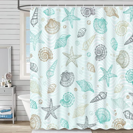Coastal Nautical Shower Curtain with Seashell and Starfish, Marine Decor for Beach Themed Bathroom, Blue - Image 2