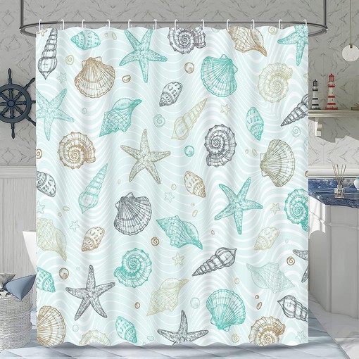 Coastal Nautical Shower Curtain with Seashell and Starfish, Marine Decor for Beach Themed Bathroom, Blue - Image 3