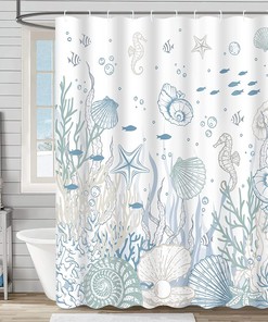 Coral Seashell Beach Shower Curtain, Nautical Bathroom Curtain with Starfish and Seahorse Prints, Blue