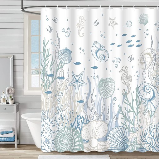 Coral Seashell Beach Shower Curtain, Nautical Bathroom Curtain with Starfish and Seahorse Prints, Blue