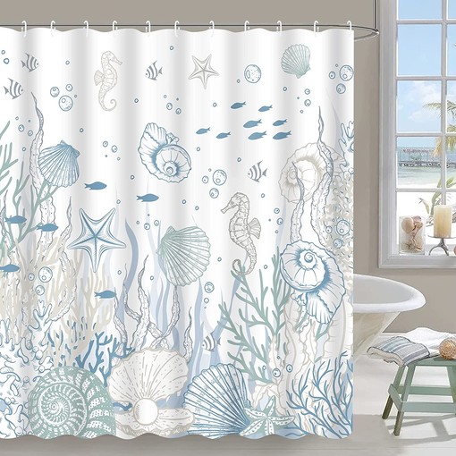 Coral Seashell Beach Shower Curtain, Nautical Bathroom Curtain with Starfish and Seahorse Prints, Blue - Image 2