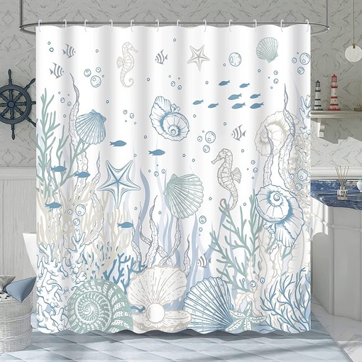 Coral Seashell Beach Shower Curtain, Nautical Bathroom Curtain with Starfish and Seahorse Prints, Blue - Image 3