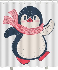 Cute Cartoon Baby Penguin Shower Curtain with Pink Scarf White Fabric Set for Bathroom Decor