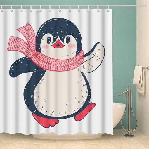 Cute Cartoon Baby Penguin Shower Curtain with Pink Scarf White Fabric Set for Bathroom Decor - Image 2