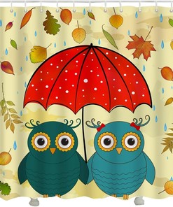 Cute Kawaii Owls Shower Curtain with Umbrella and Cartoon Owl Print