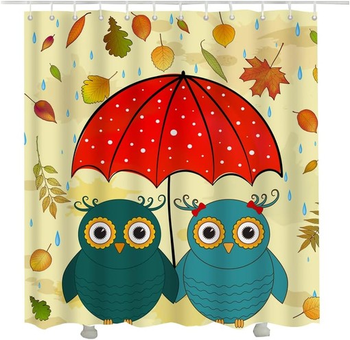 Cute Kawaii Owls Shower Curtain with Umbrella and Cartoon Owl Print