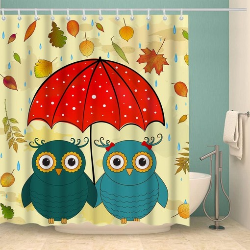 Cute Kawaii Owls Shower Curtain with Umbrella and Cartoon Owl Print - Image 2