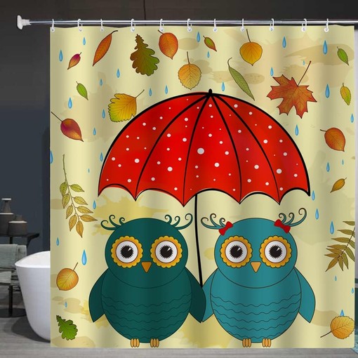 Cute Kawaii Owls Shower Curtain with Umbrella and Cartoon Owl Print - Image 3