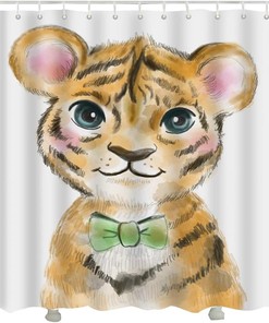 Cute Little Brown Baby Tiger Shower Curtain with White Fabric Set for Bathroom Decor