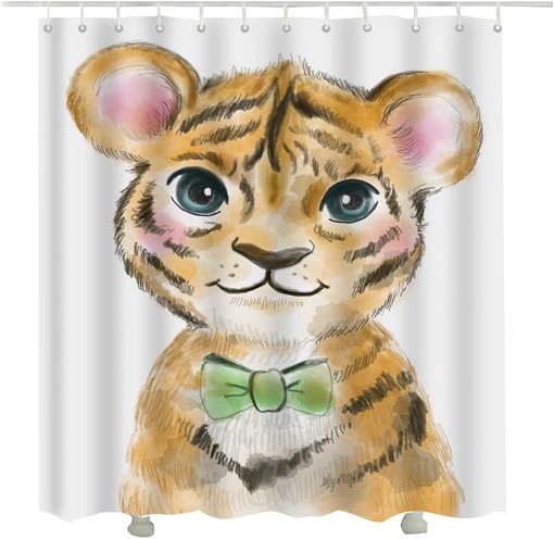 Cute Little Brown Baby Tiger Shower Curtain with White Fabric Set for Bathroom Decor