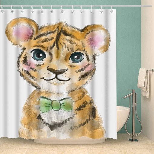Cute Little Brown Baby Tiger Shower Curtain with White Fabric Set for Bathroom Decor - Image 2