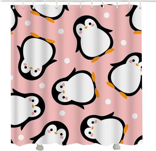 Cute Penguin Cartoon Shower Curtain for Bathroom with Pink Fabric