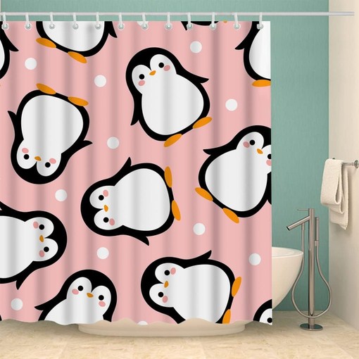 Cute Penguin Cartoon Shower Curtain for Bathroom with Pink Fabric - Image 2