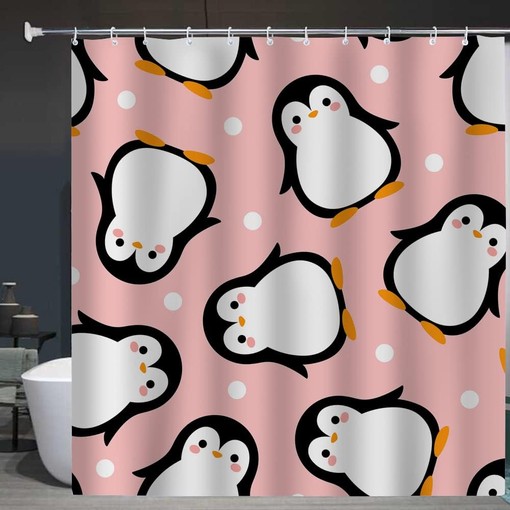 Cute Penguin Cartoon Shower Curtain for Bathroom with Pink Fabric - Image 3