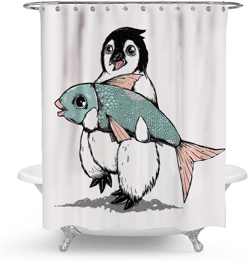 Cute Penguin with Big Fish Funny Animal Shower Curtain for Bathroom Decor