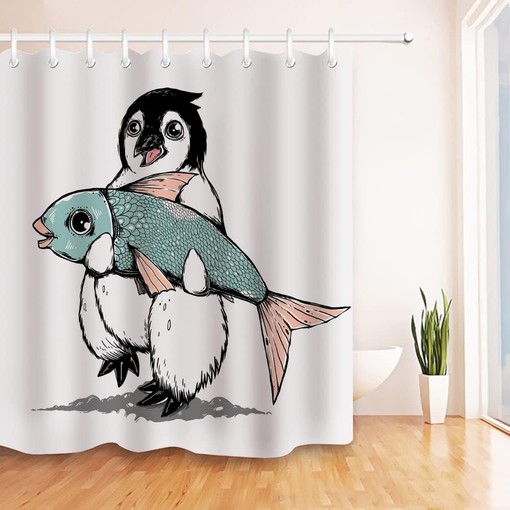 Cute Penguin with Big Fish Funny Animal Shower Curtain for Bathroom Decor - Image 2