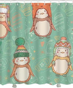 Cute Penguins Wearing Funny Hats Green Cartoon Penguin Shower Curtain for Bathroom Decor