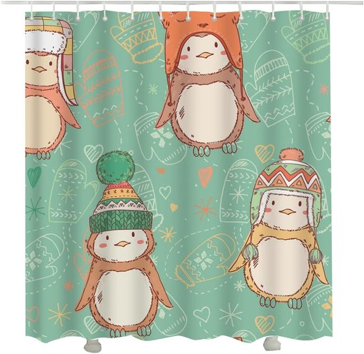 Cute Penguins Wearing Funny Hats Green Cartoon Penguin Shower Curtain for Bathroom Decor