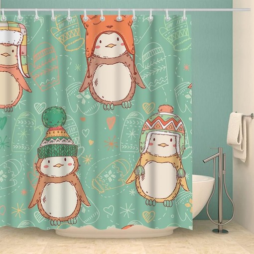 Cute Penguins Wearing Funny Hats Green Cartoon Penguin Shower Curtain for Bathroom Decor - Image 2