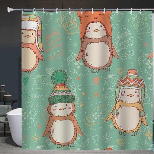 Cute Penguins Wearing Funny Hats Green Cartoon Penguin Shower Curtain for Bathroom Decor - Image 3