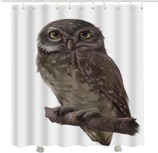 Cute White Owl Animal Shower Curtain for Bathroom with Brown Owl Print