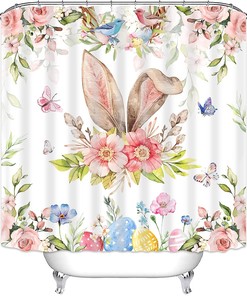 Easter Shower Curtain with Bunny Rabbit and Spring Butterflies, Floral Fabric for Bathroom Decor
