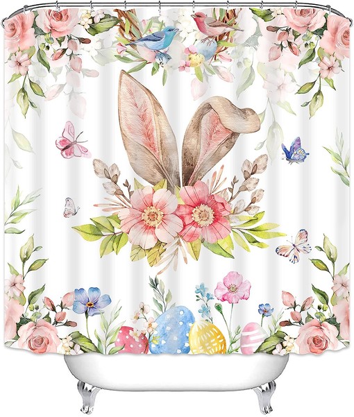 Easter Shower Curtain with Bunny Rabbit and Spring Butterflies, Floral Fabric for Bathroom Decor