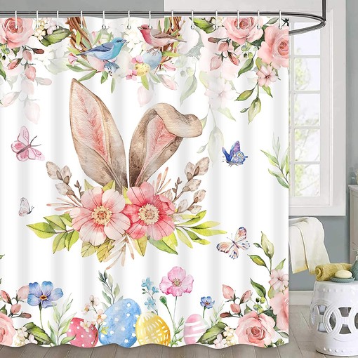Easter Shower Curtain with Bunny Rabbit and Spring Butterflies, Floral Fabric for Bathroom Decor - Image 2