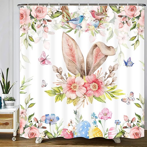Easter Shower Curtain with Bunny Rabbit and Spring Butterflies, Floral Fabric for Bathroom Decor - Image 3