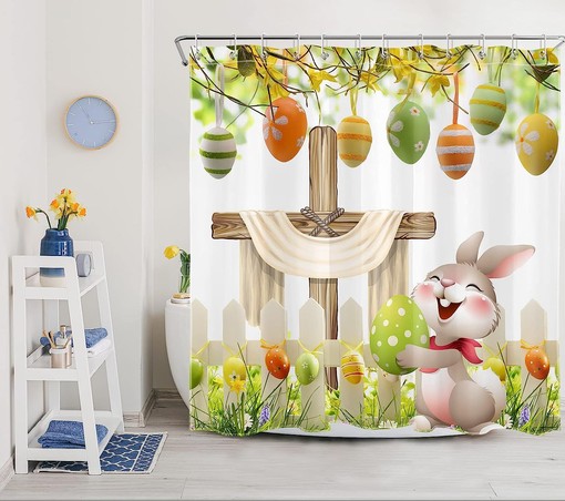 Funny Rabbit and Easter Eggs Shower Curtain in Green Spring Garden for Easter Bathroom Decor