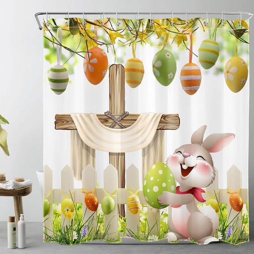 Funny Rabbit and Easter Eggs Shower Curtain in Green Spring Garden for Easter Bathroom Decor - Image 2