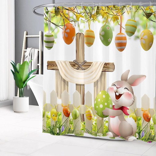 Funny Rabbit and Easter Eggs Shower Curtain in Green Spring Garden for Easter Bathroom Decor - Image 3