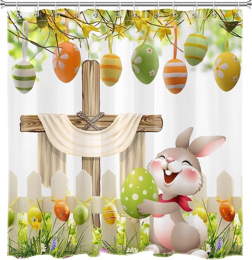 Funny Rabbit and Easter Eggs Shower Curtain in Green Spring Garden for Easter Bathroom Decor - Image 4