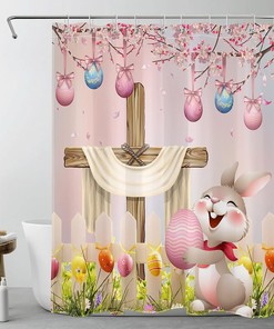 Funny Rabbit and Easter Eggs Shower Curtain in Pink Spring Garden for Easter Bathroom Decor