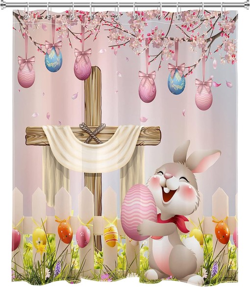 Funny Rabbit and Easter Eggs Shower Curtain in Pink Spring Garden for Easter Bathroom Decor - Image 2