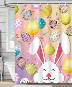 Funny Rabbit and Pink Spring Tulips Flower Fabric Easter Shower Curtain by Ikfashoni