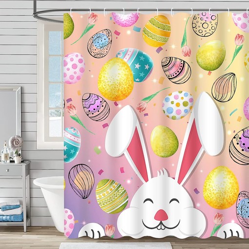Funny Rabbit and Pink Spring Tulips Flower Fabric Easter Shower Curtain by Ikfashoni