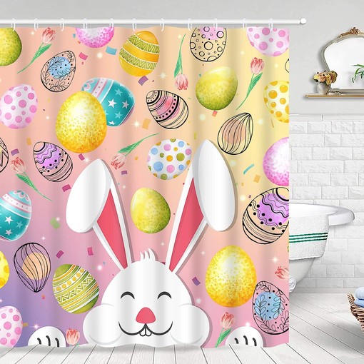Funny Rabbit and Pink Spring Tulips Flower Fabric Easter Shower Curtain by Ikfashoni - Image 2