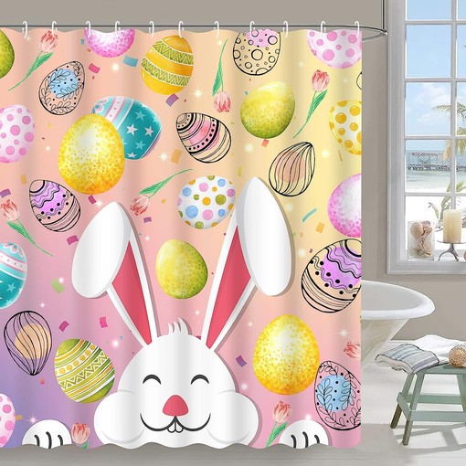 Funny Rabbit and Pink Spring Tulips Flower Fabric Easter Shower Curtain by Ikfashoni - Image 3