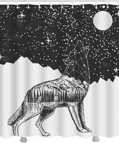Geometric Wolf Head Moon Night Sky Galaxy Wolf Shower Curtain for Bathroom Decor