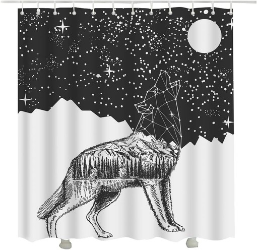 Geometric Wolf Head Moon Night Sky Galaxy Wolf Shower Curtain for Bathroom Decor